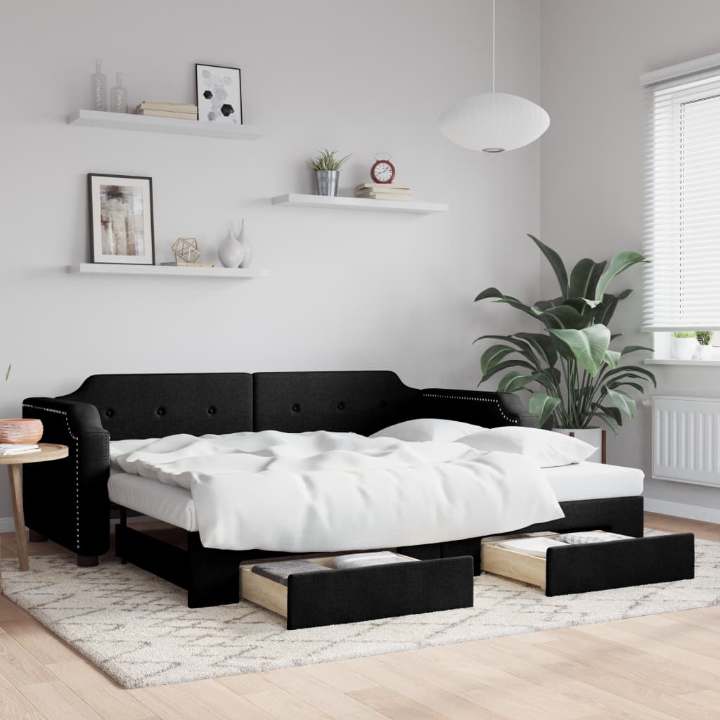 Slaapbank met onderschuifbed en lades 100x200 cm stof zwart is nu te koop bij PeponiXL, paradijselijk wonen!