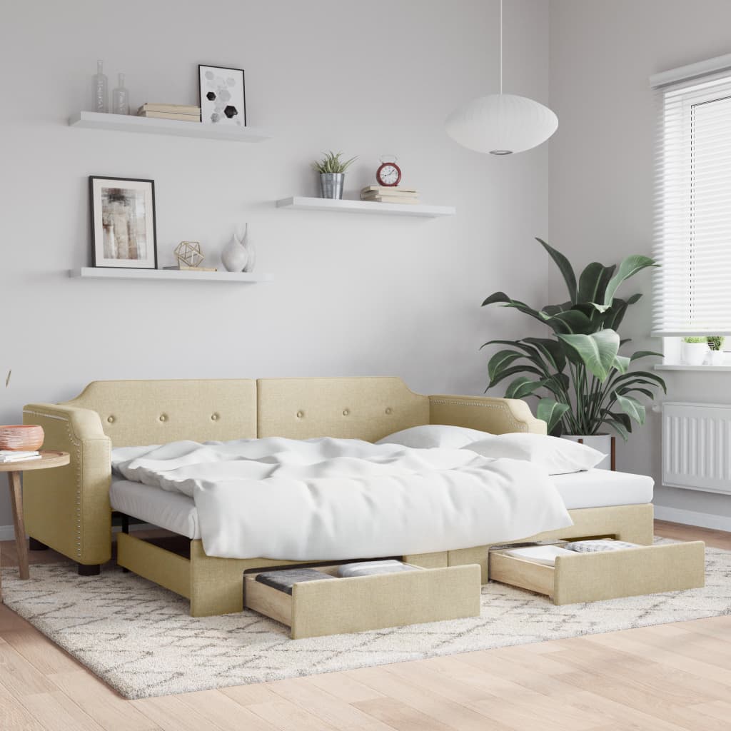 Slaapbank met onderschuifbed en lades 100x200 cm stof crème is nu te koop bij PeponiXL, paradijselijk wonen!