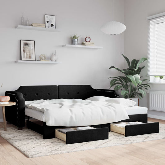Slaapbank met onderschuifbed en lades 90x190 cm stof zwart is nu te koop bij PeponiXL, paradijselijk wonen!
