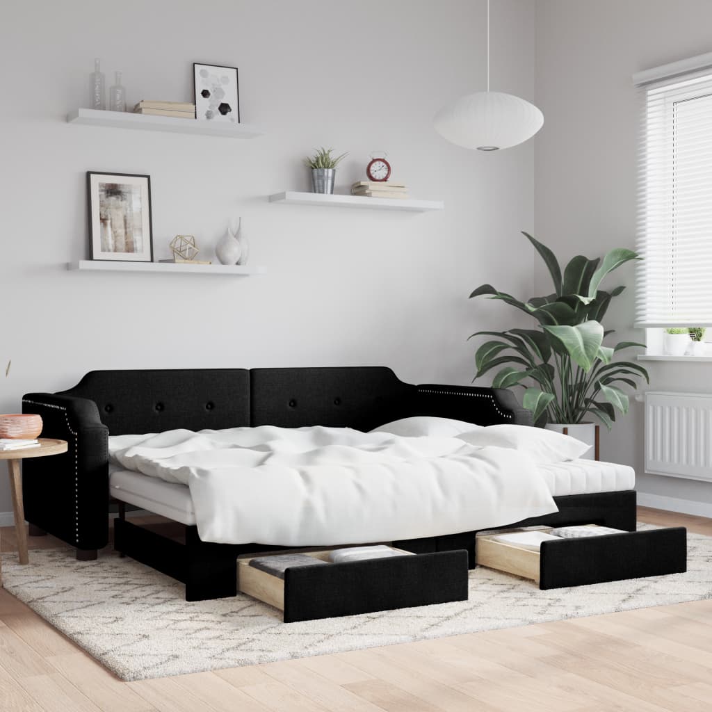 Slaapbank met onderschuifbed en lades 90x200 cm stof zwart is nu te koop bij PeponiXL, paradijselijk wonen!