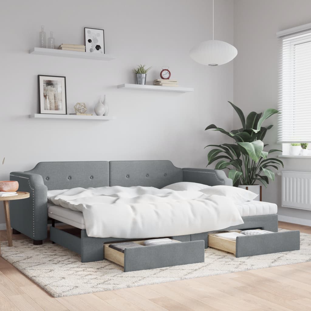 Slaapbank onderschuifbed en lades 100x200 cm stof lichtgrijs is nu te koop bij PeponiXL, paradijselijk wonen!