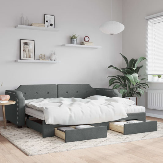 Slaapbank onderschuifbed en lades 100x200 cm stof donkergrijs is nu te koop bij PeponiXL, paradijselijk wonen!