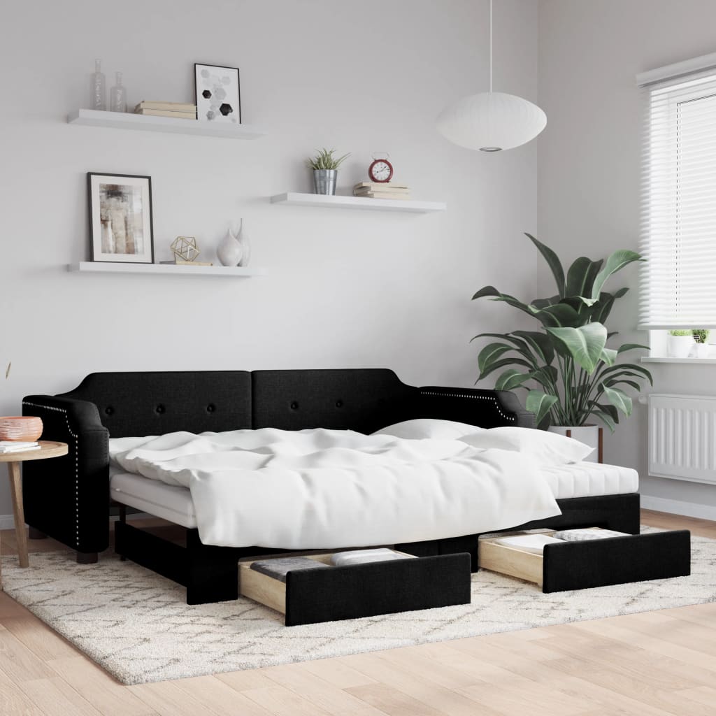 Slaapbank met onderschuifbed en lades 100x200 cm stof zwart is nu te koop bij PeponiXL, paradijselijk wonen!