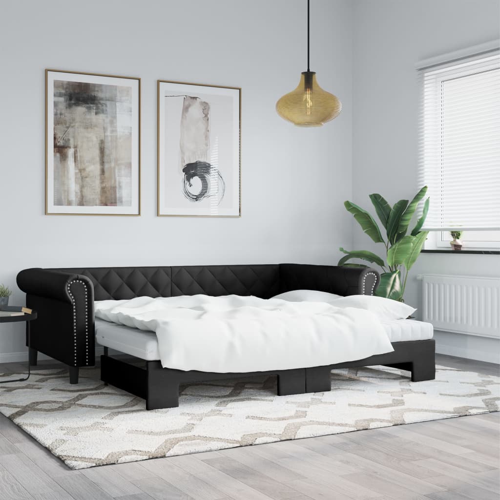 Slaapbank met onderschuifbed 90x200 cm kunstleer zwart is nu te koop bij PeponiXL, paradijselijk wonen!