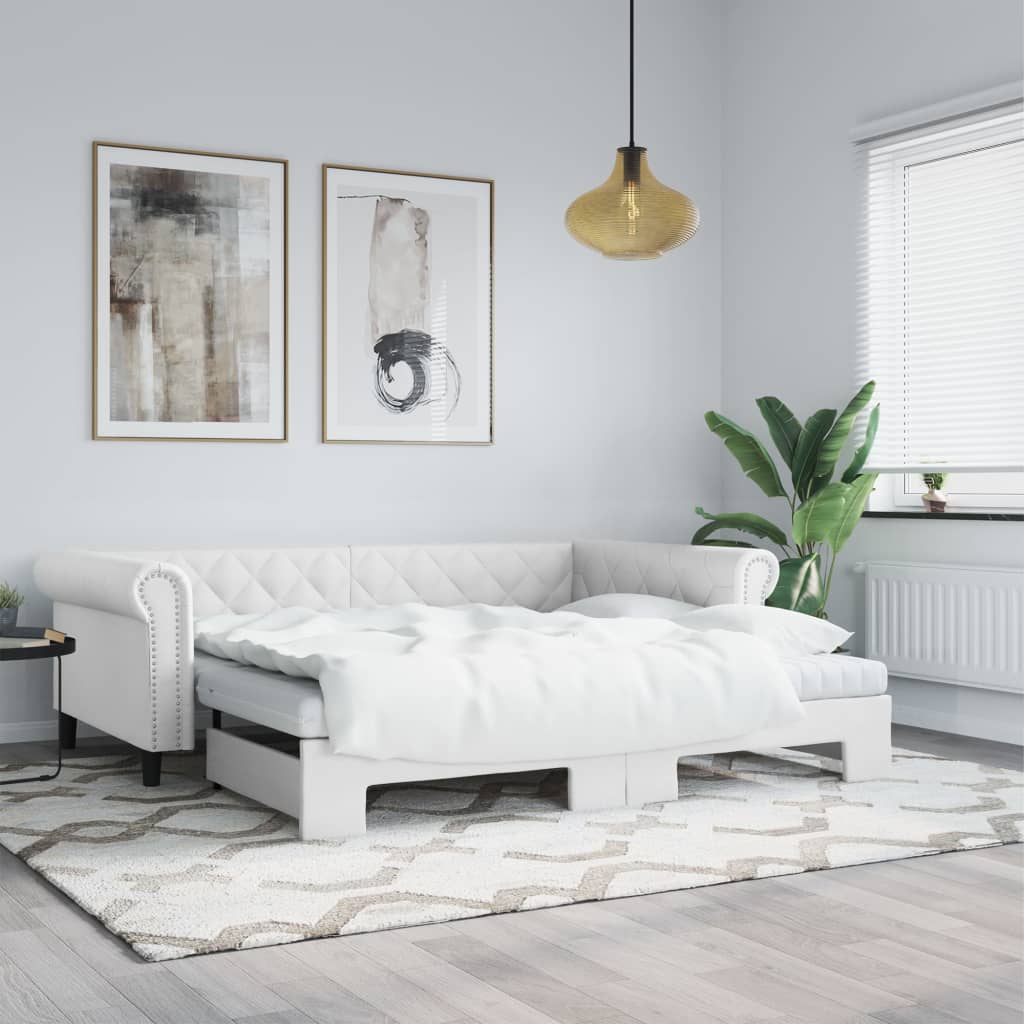 Slaapbank met onderschuifbed 90x200 cm kunstleer wit is nu te koop bij PeponiXL, paradijselijk wonen!