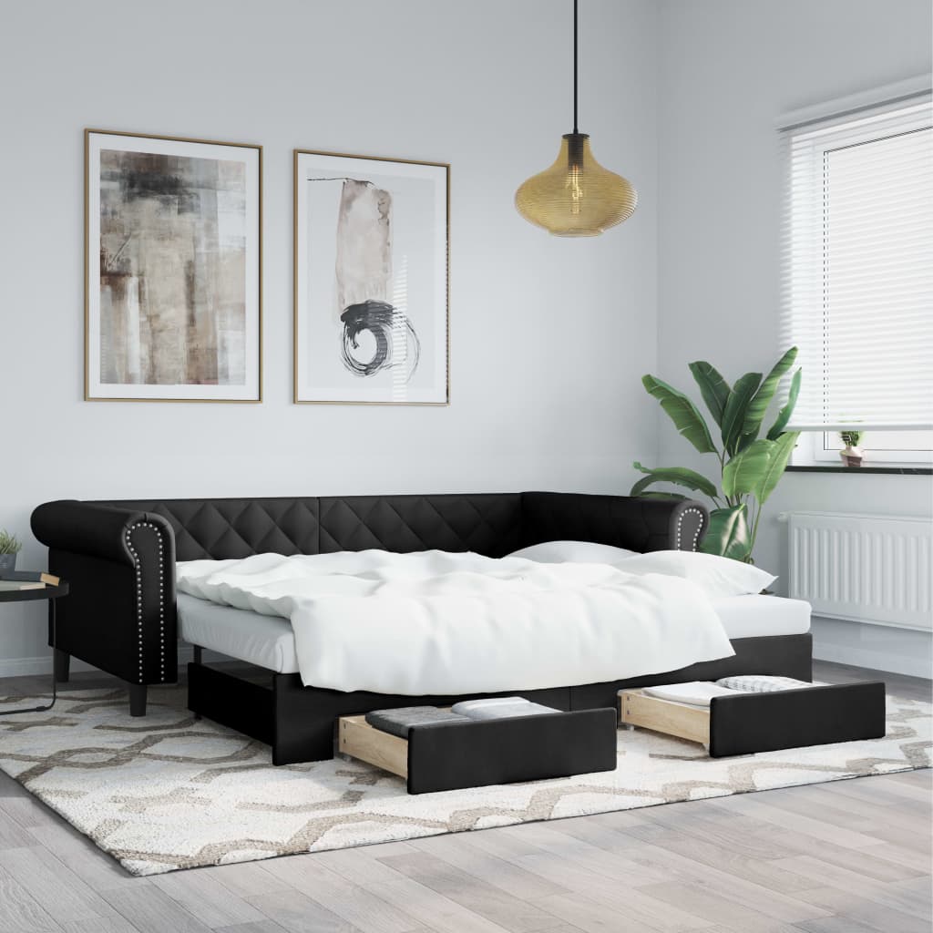 Slaapbank met onderschuifbed en lades 90x200 cm kunstleer zwart is nu te koop bij PeponiXL, paradijselijk wonen!