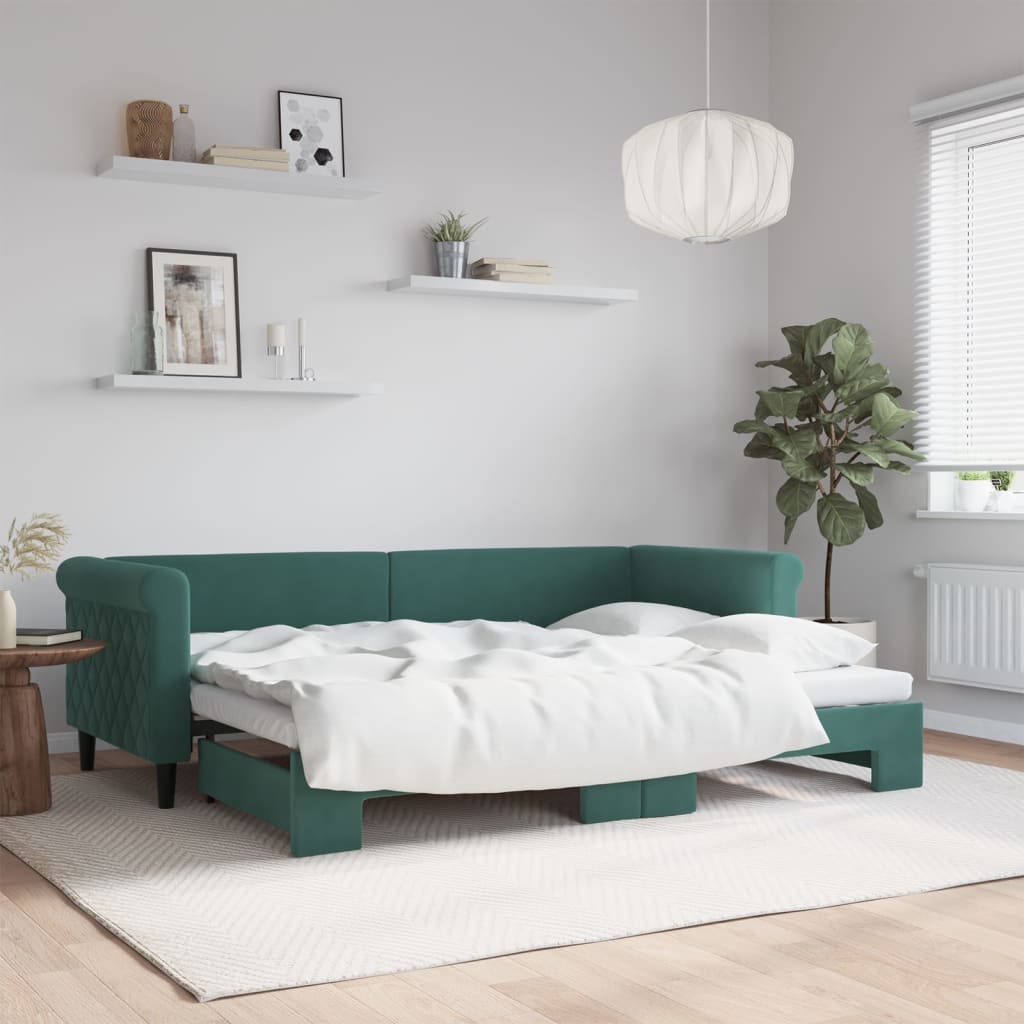 Slaapbank met onderschuifbed 80x200 cm fluweel donkergroen is nu te koop bij PeponiXL, paradijselijk wonen!