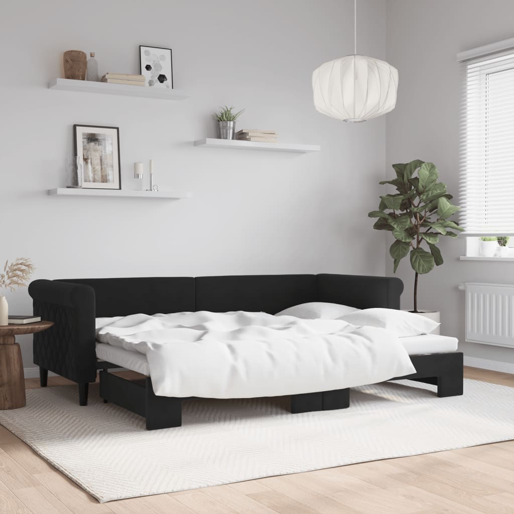 Slaapbank met onderschuifbed 80x200 cm fluweel zwart is nu te koop bij PeponiXL, paradijselijk wonen!