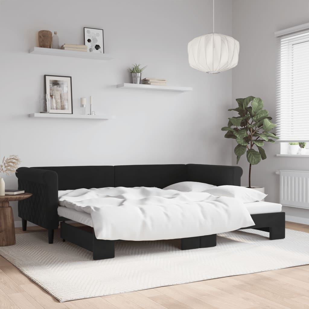 Slaapbank met onderschuifbed 90x200 cm fluweel zwart is nu te koop bij PeponiXL, paradijselijk wonen!