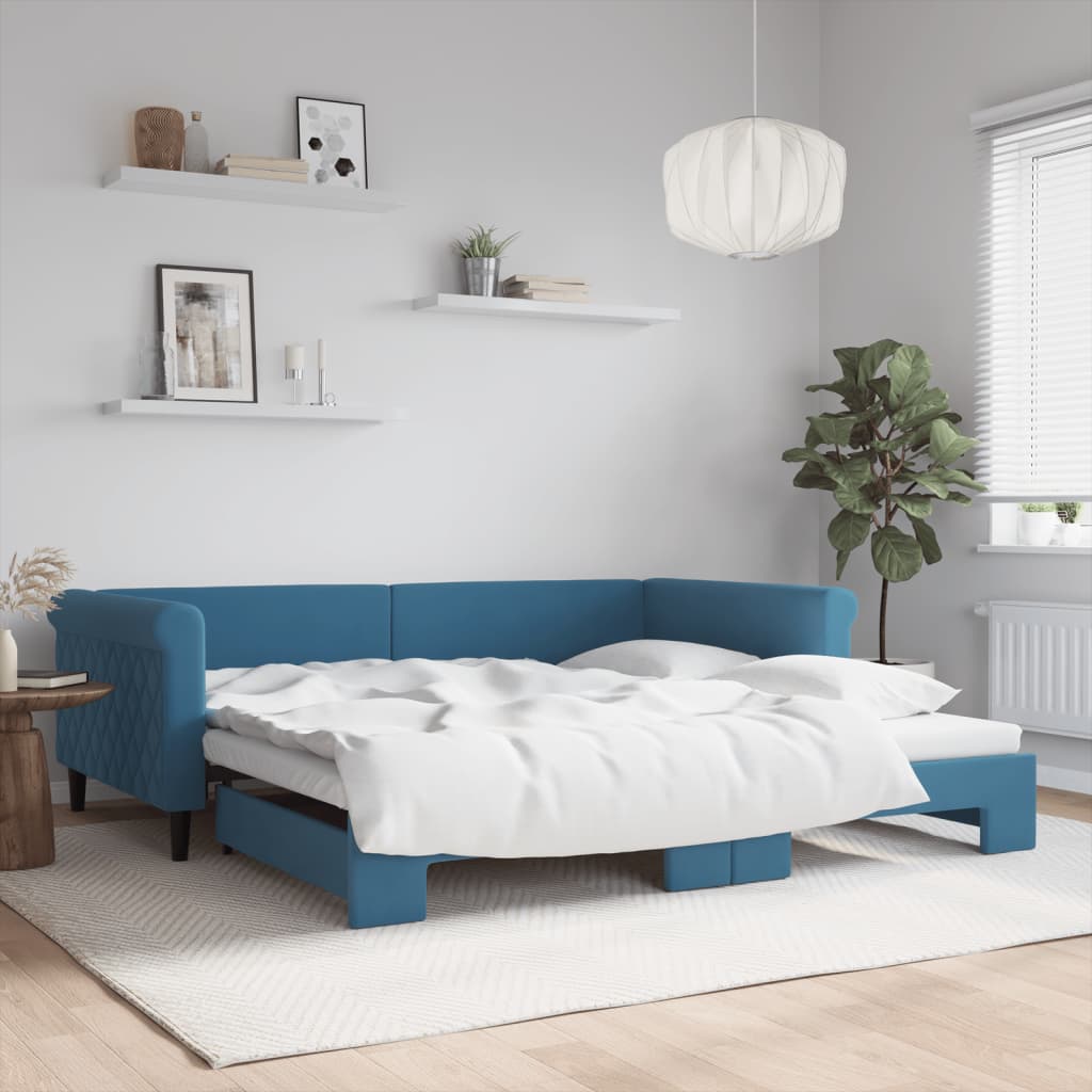 Slaapbank met onderschuifbed 100x200 cm fluweel blauw is nu te koop bij PeponiXL, paradijselijk wonen!