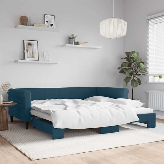 Slaapbank met onderschuifbed 100x200 cm fluweel blauw is nu te koop bij PeponiXL, paradijselijk wonen!