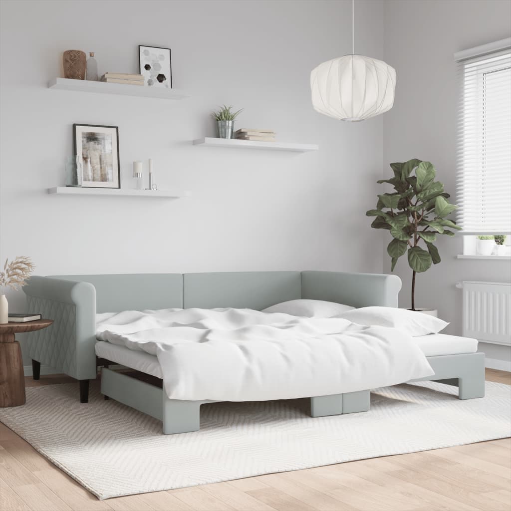 Slaapbank met onderschuifbed 100x200 cm fluweel lichtgrijs is nu te koop bij PeponiXL, paradijselijk wonen!