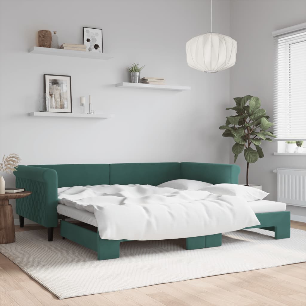 Slaapbank met onderschuifbed 100x200 cm fluweel donkergroen is nu te koop bij PeponiXL, paradijselijk wonen!