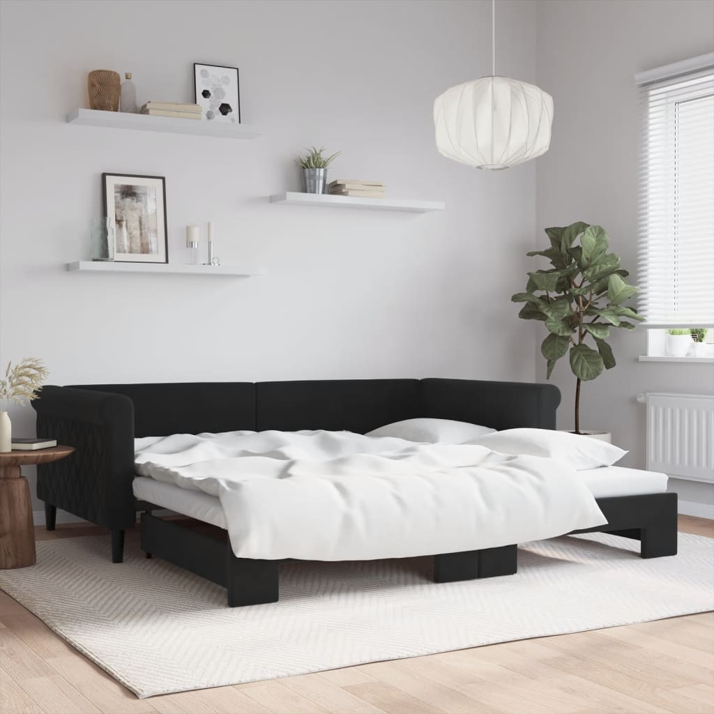 Slaapbank met onderschuifbed 100x200 cm fluweel zwart is nu te koop bij PeponiXL, paradijselijk wonen!