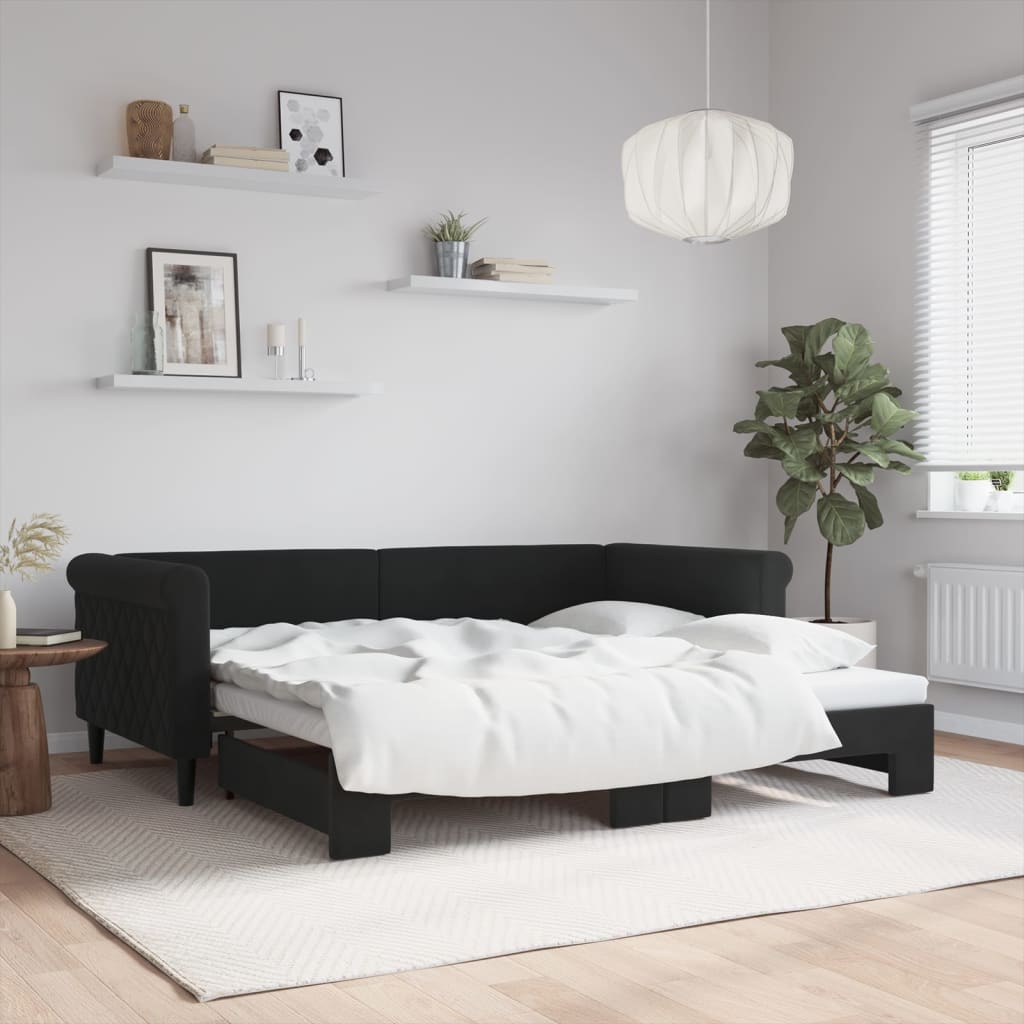 Slaapbank met onderschuifbed 90x190 cm fluweel zwart is nu te koop bij PeponiXL, paradijselijk wonen!