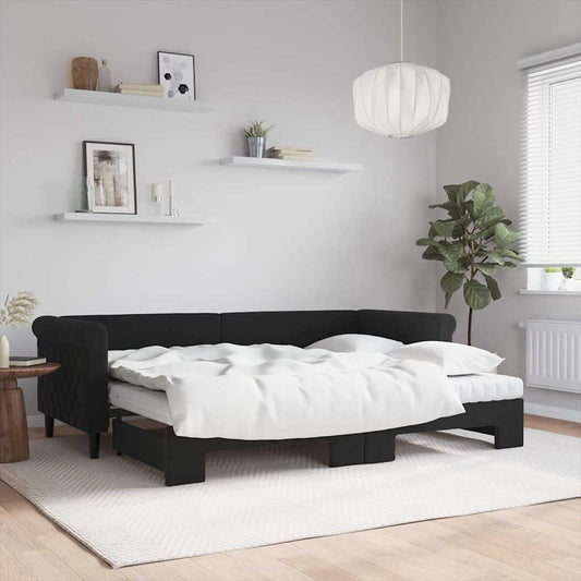 Slaapbank onderschuifbed en matrassen 80x200 cm fluweel zwart is nu te koop bij PeponiXL, paradijselijk wonen!