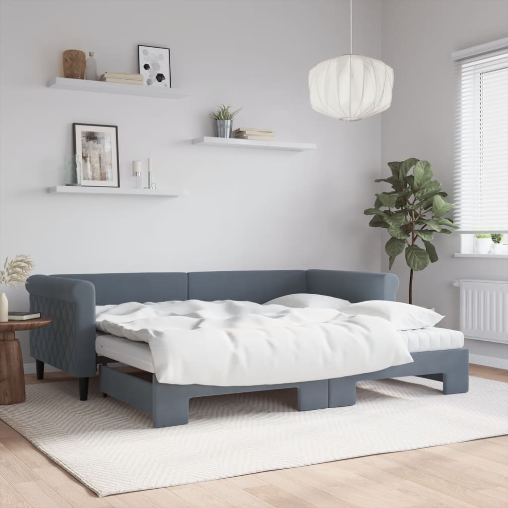 Slaapbank onderschuifbed matrassen 90x200cm fluweel donkergrijs is nu te koop bij PeponiXL, paradijselijk wonen!