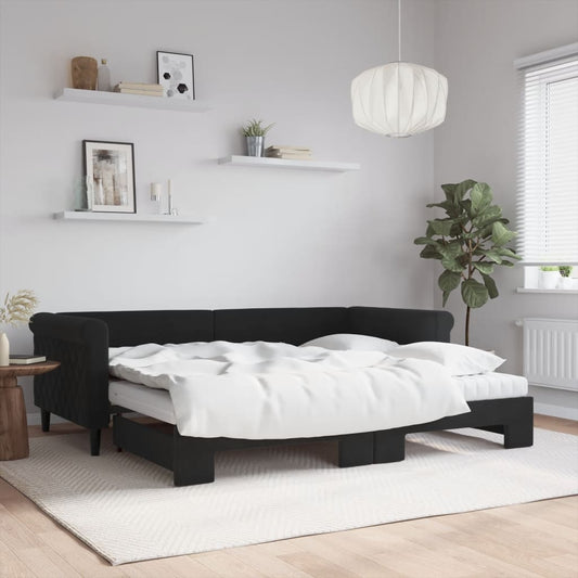 Slaapbank onderschuifbed en matrassen 90x200 cm fluweel zwart is nu te koop bij PeponiXL, paradijselijk wonen!
