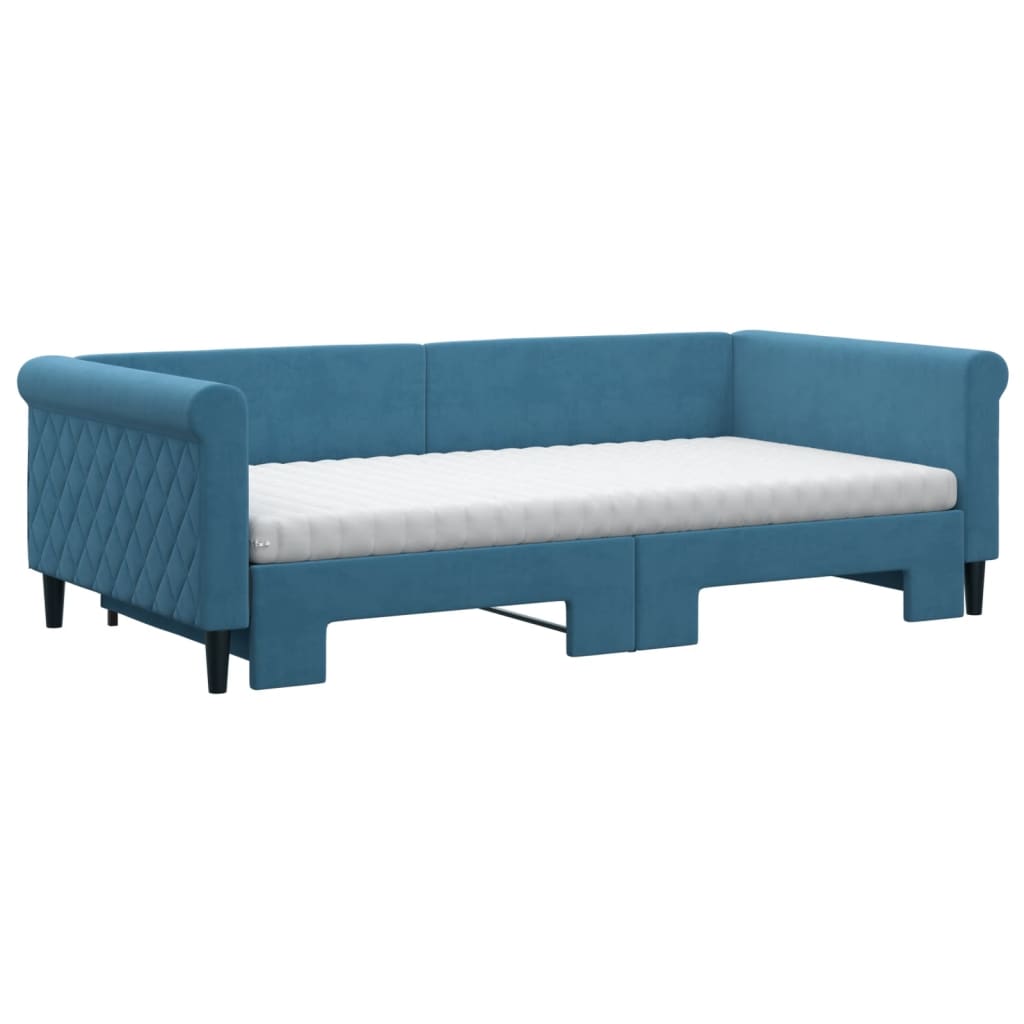 Slaapbank onderschuifbed en matrassen 100x200 cm fluweel blauw is nu te koop bij PeponiXL, paradijselijk wonen!