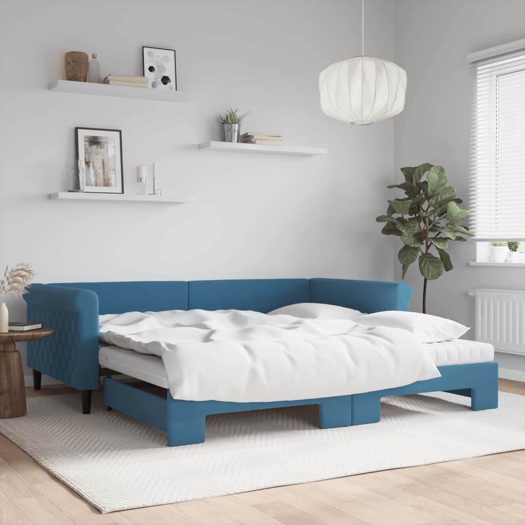 Slaapbank onderschuifbed en matrassen 100x200 cm fluweel blauw is nu te koop bij PeponiXL, paradijselijk wonen!