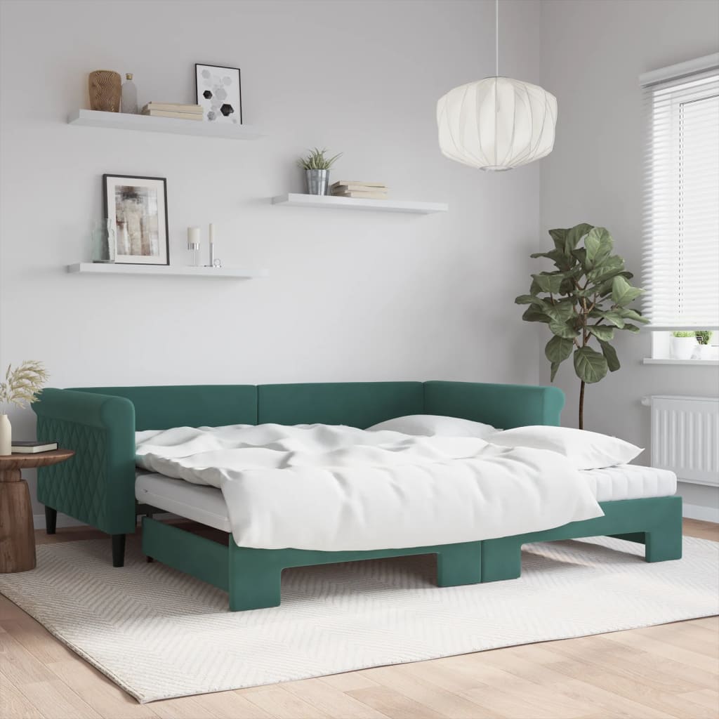 Slaapbank onderschuifbed matrassen 100x200cm fluweeldonkergroen is nu te koop bij PeponiXL, paradijselijk wonen!