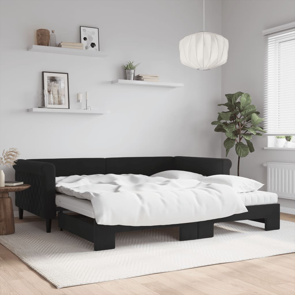 Slaapbank onderschuifbed en matrassen 100x200 cm fluweel zwart is nu te koop bij PeponiXL, paradijselijk wonen!