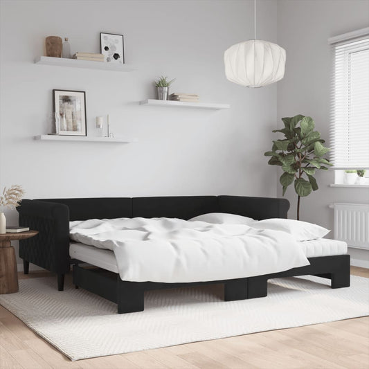 Slaapbank onderschuifbed en matrassen 100x200 cm fluweel zwart is nu te koop bij PeponiXL, paradijselijk wonen!