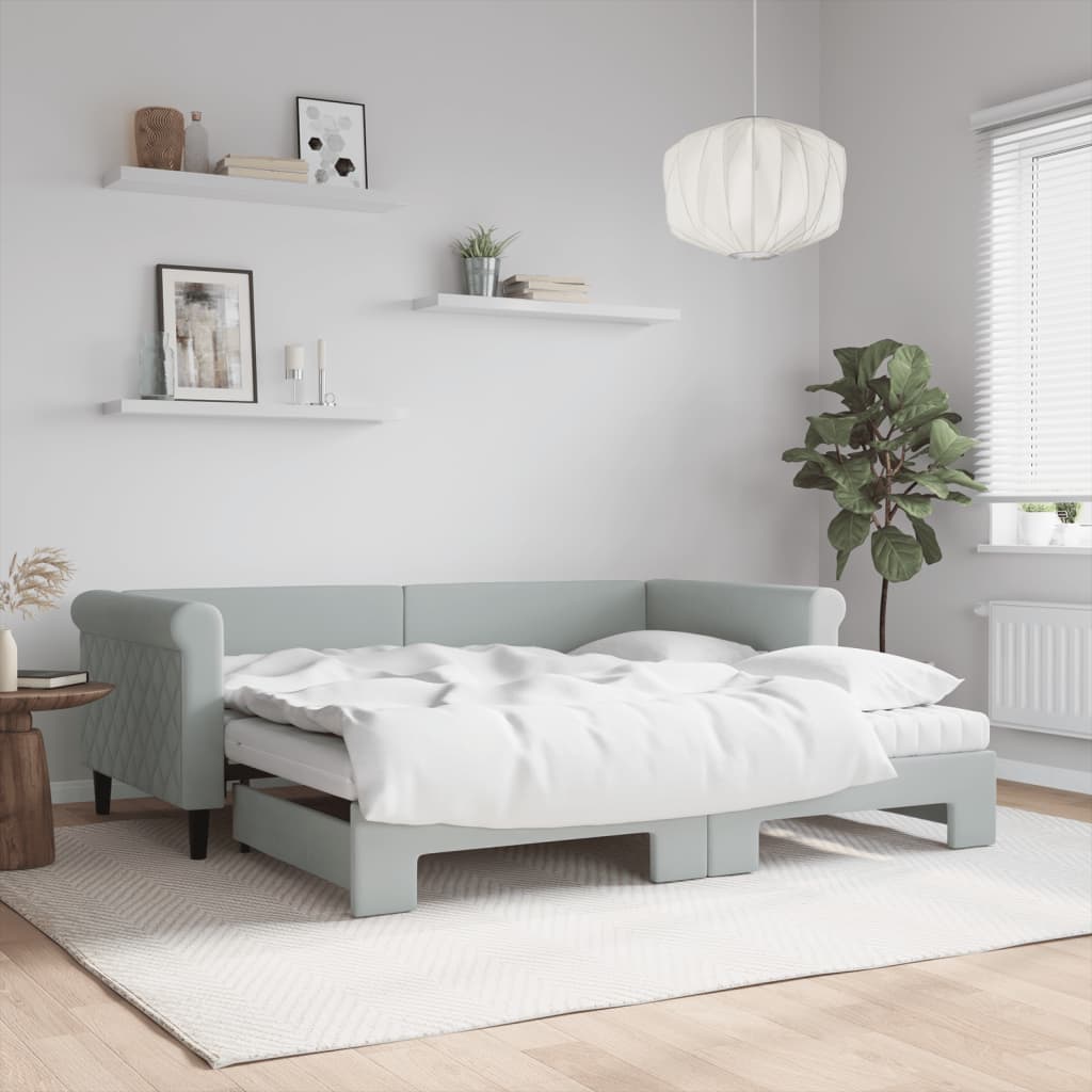 Slaapbank onderschuifbed matrassen 100x200cm fluweel lichtgrijs is nu te koop bij PeponiXL, paradijselijk wonen!