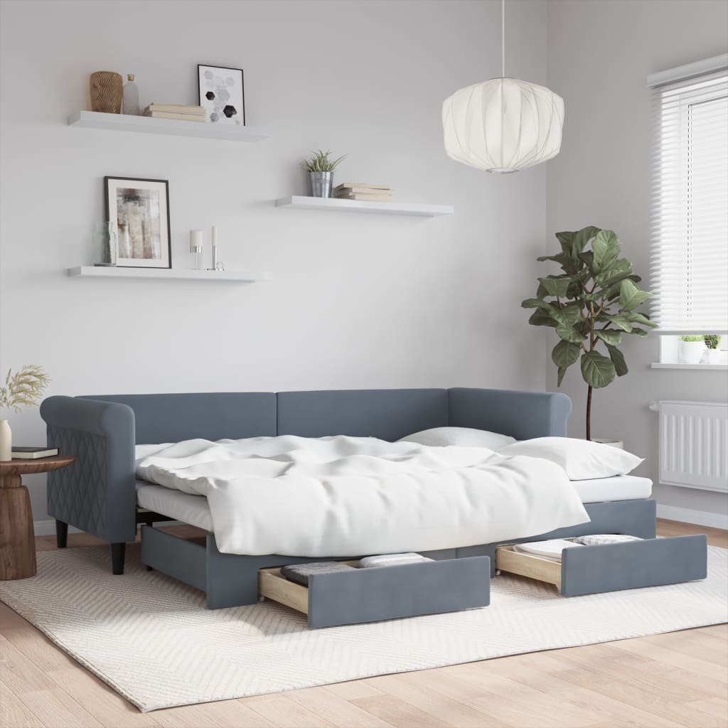 Slaapbank onderschuifbed en lades 80x200 cm fluweel donkergrijs is nu te koop bij PeponiXL, paradijselijk wonen!