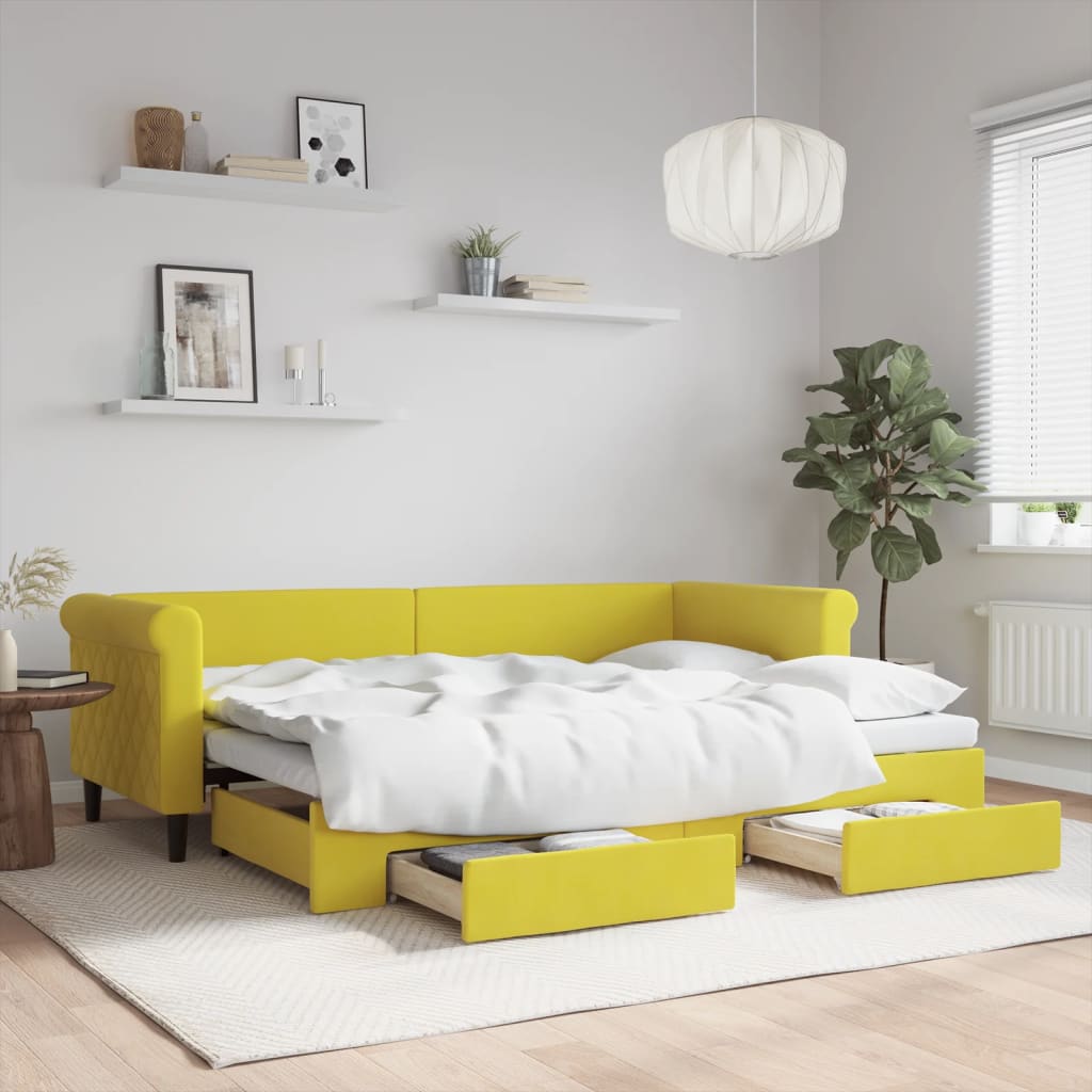Slaapbank met onderschuifbed en lades 80x200 cm fluweel geel is nu te koop bij PeponiXL, paradijselijk wonen!