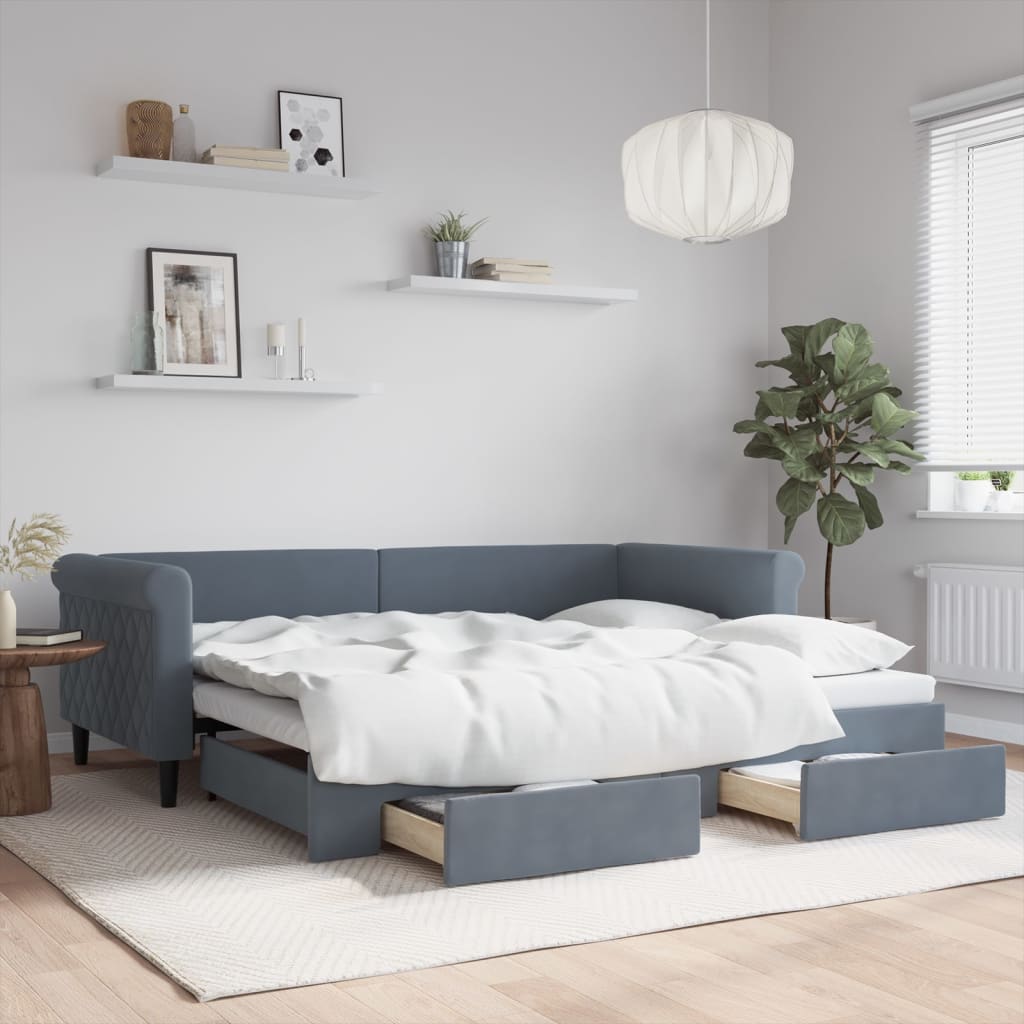 Slaapbank onderschuifbed en lades 90x200 cm fluweel donkergrijs is nu te koop bij PeponiXL, paradijselijk wonen!