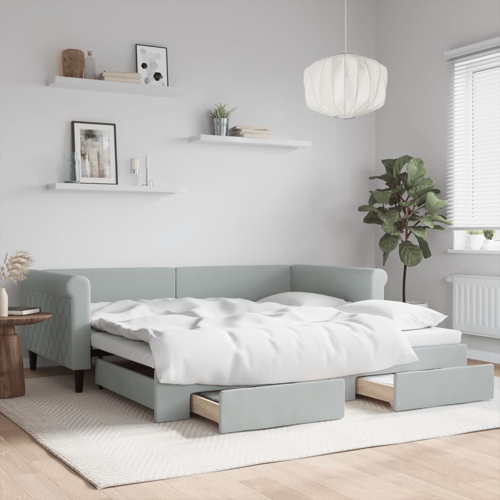 Slaapbank onderschuifbed en lades 100x200 cm fluweel lichtgrijs is nu te koop bij PeponiXL, paradijselijk wonen!