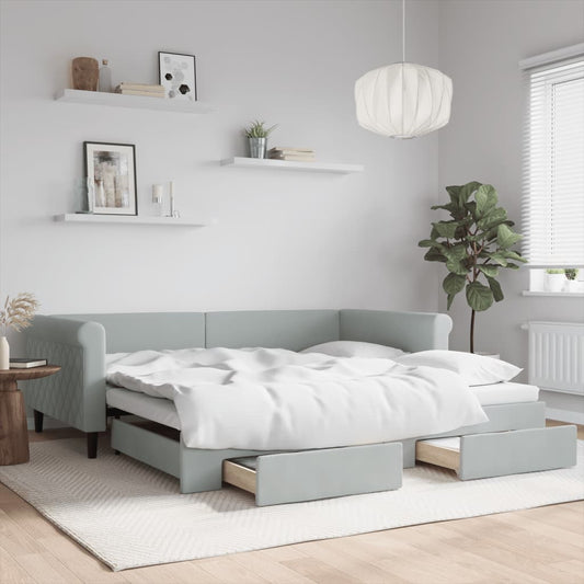 Slaapbank onderschuifbed en lades 100x200 cm fluweel lichtgrijs is nu te koop bij PeponiXL, paradijselijk wonen!