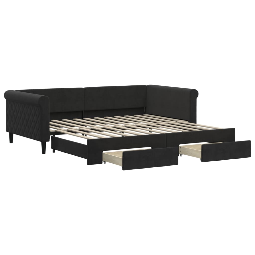 Slaapbank met onderschuifbed en lades 100x200 cm fluweel zwart is nu te koop bij PeponiXL, paradijselijk wonen!