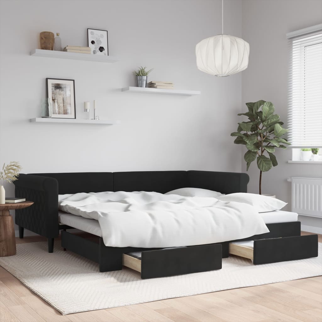 Slaapbank met onderschuifbed en lades 100x200 cm fluweel zwart is nu te koop bij PeponiXL, paradijselijk wonen!