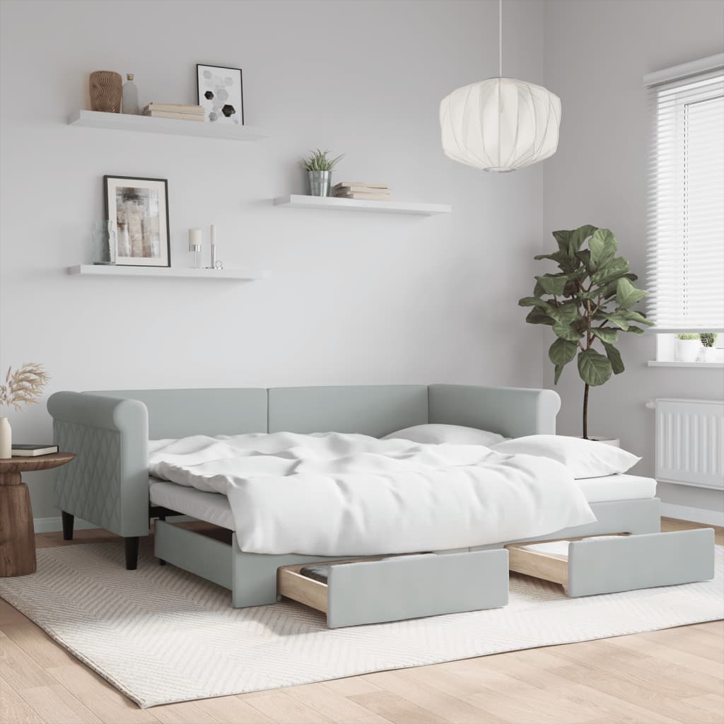 Slaapbank onderschuifbed en lades 90x190 cm fluweel lichtgrijs is nu te koop bij PeponiXL, paradijselijk wonen!