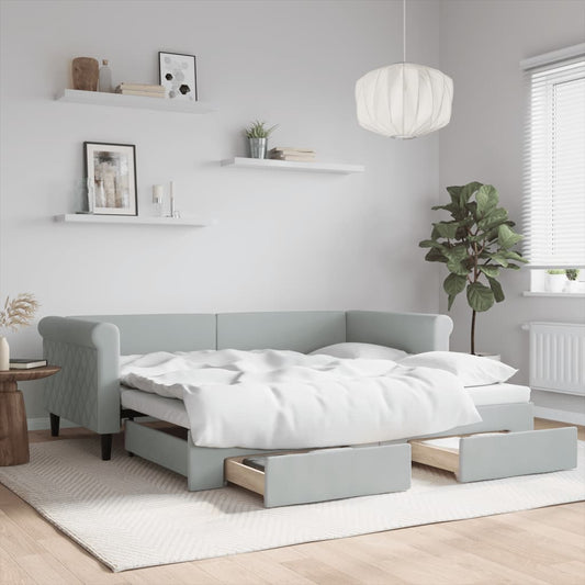 Slaapbank onderschuifbed en lades 90x190 cm fluweel lichtgrijs is nu te koop bij PeponiXL, paradijselijk wonen!