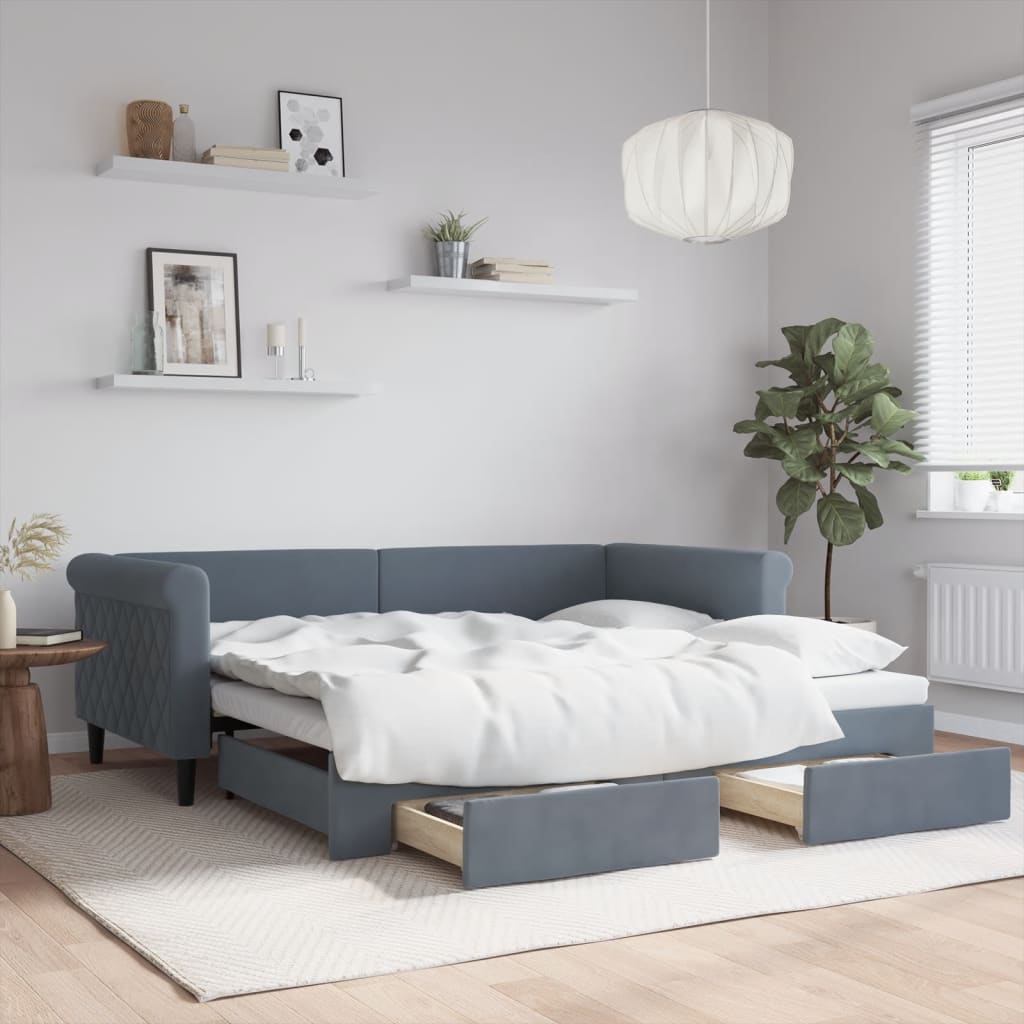 Slaapbank onderschuifbed en lades 90x190 cm fluweel donkergrijs is nu te koop bij PeponiXL, paradijselijk wonen!