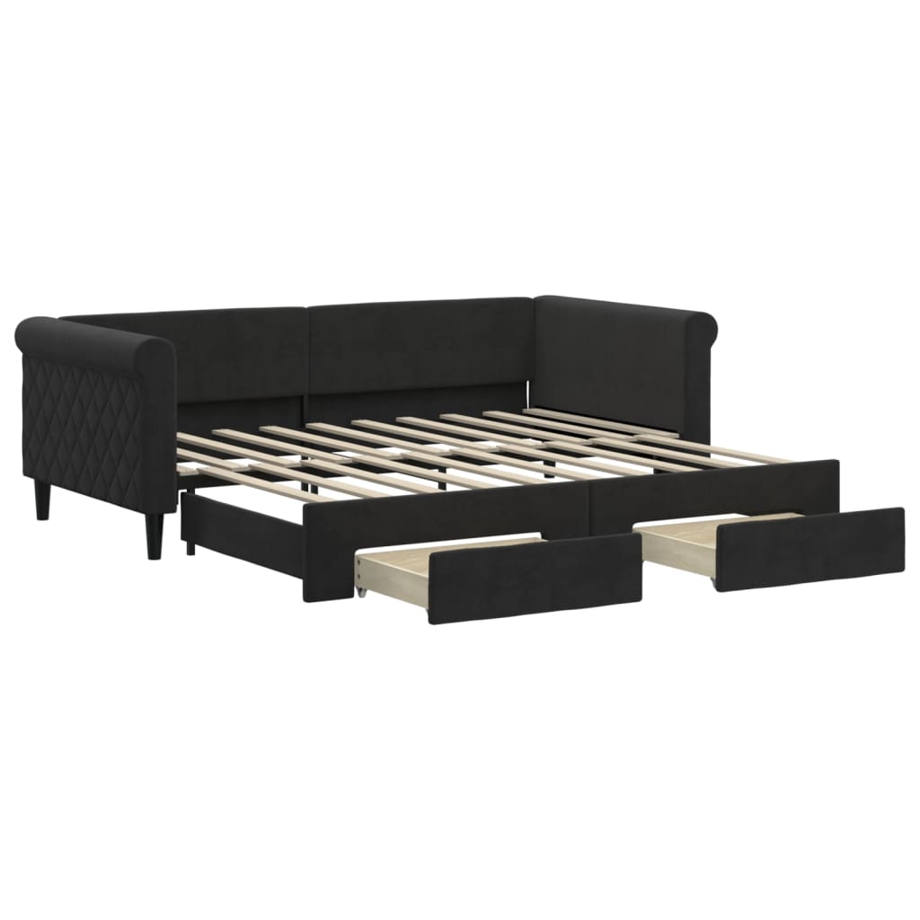 Slaapbank met onderschuifbed en lades 90x190 cm fluweel zwart is nu te koop bij PeponiXL, paradijselijk wonen!