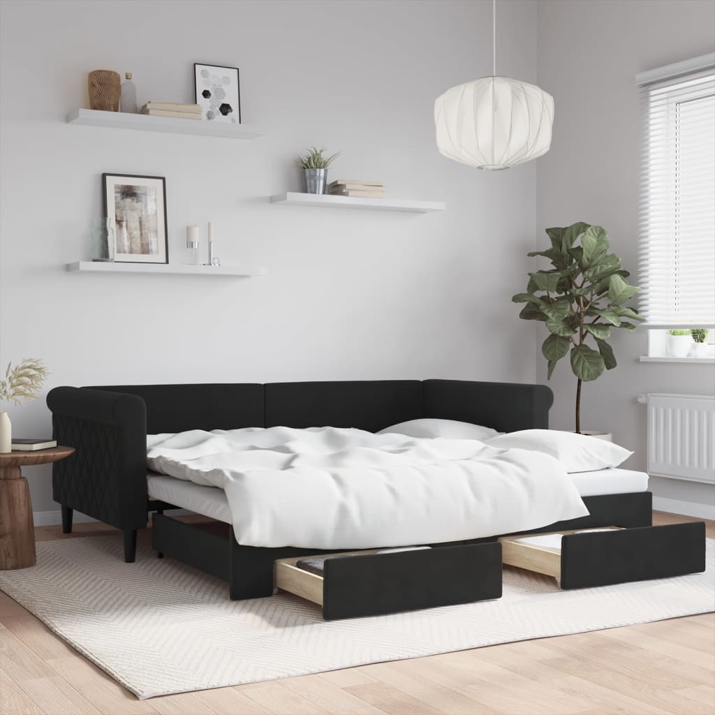 Slaapbank met onderschuifbed en lades 90x190 cm fluweel zwart is nu te koop bij PeponiXL, paradijselijk wonen!