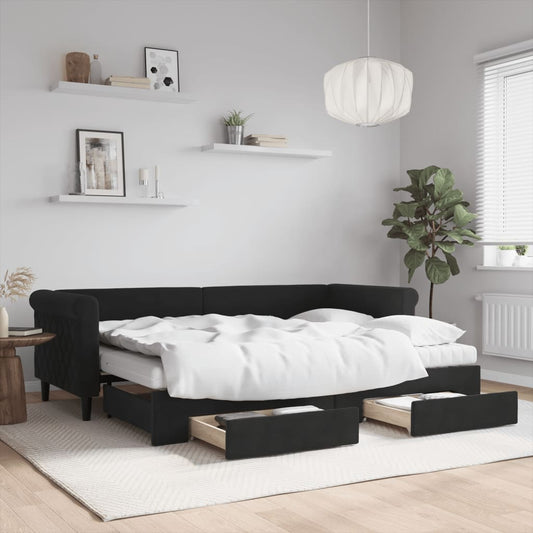 Slaapbank met onderschuifbed en lades 80x200 cm fluweel zwart is nu te koop bij PeponiXL, paradijselijk wonen!