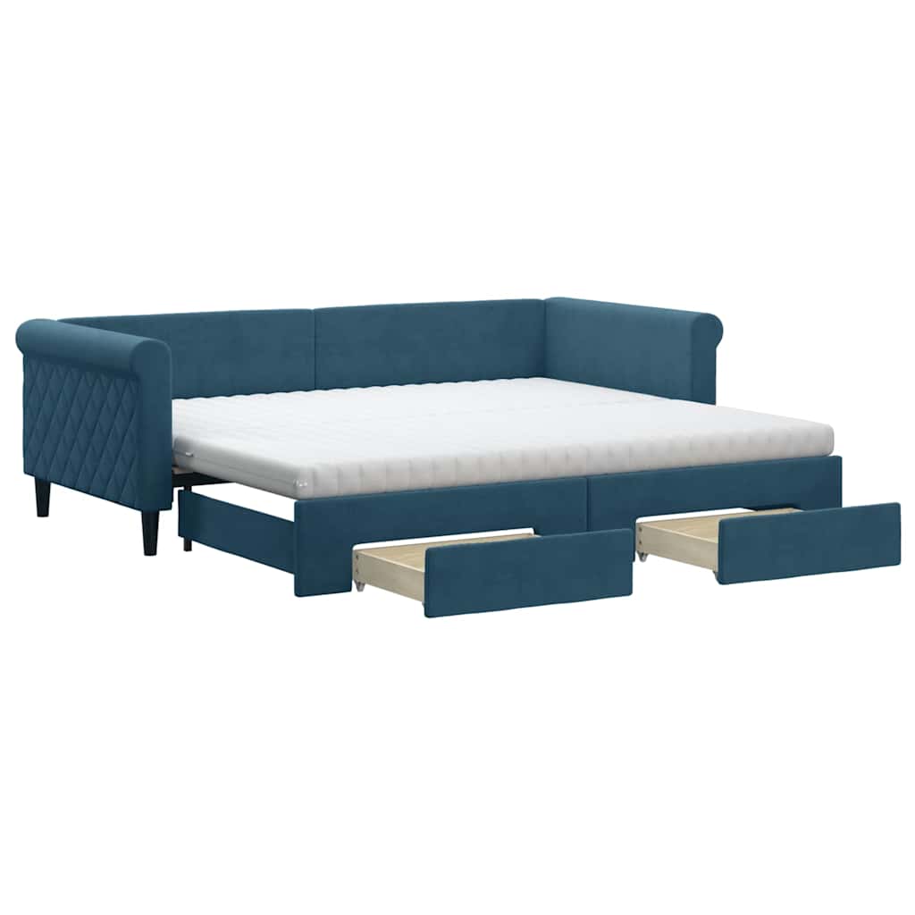 Slaapbank met onderschuifbed en lades 90x200 cm fluweel blauw