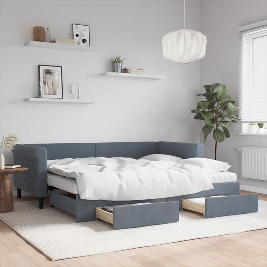 Slaapbank onderschuifbed en lades 90x200 cm fluweel donkergrijs is nu te koop bij PeponiXL, paradijselijk wonen!
