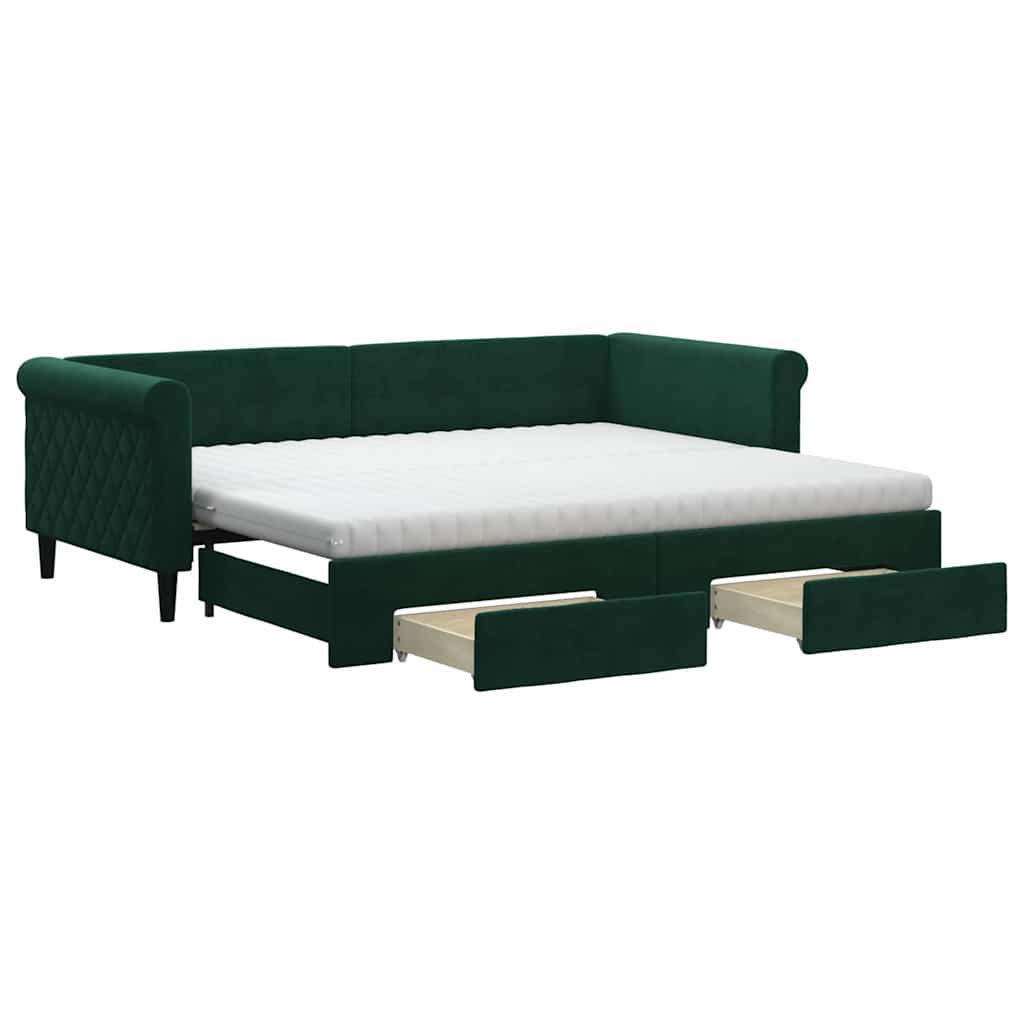 Slaapbank onderschuifbed en lades 90x200 cm fluweel donkergroen