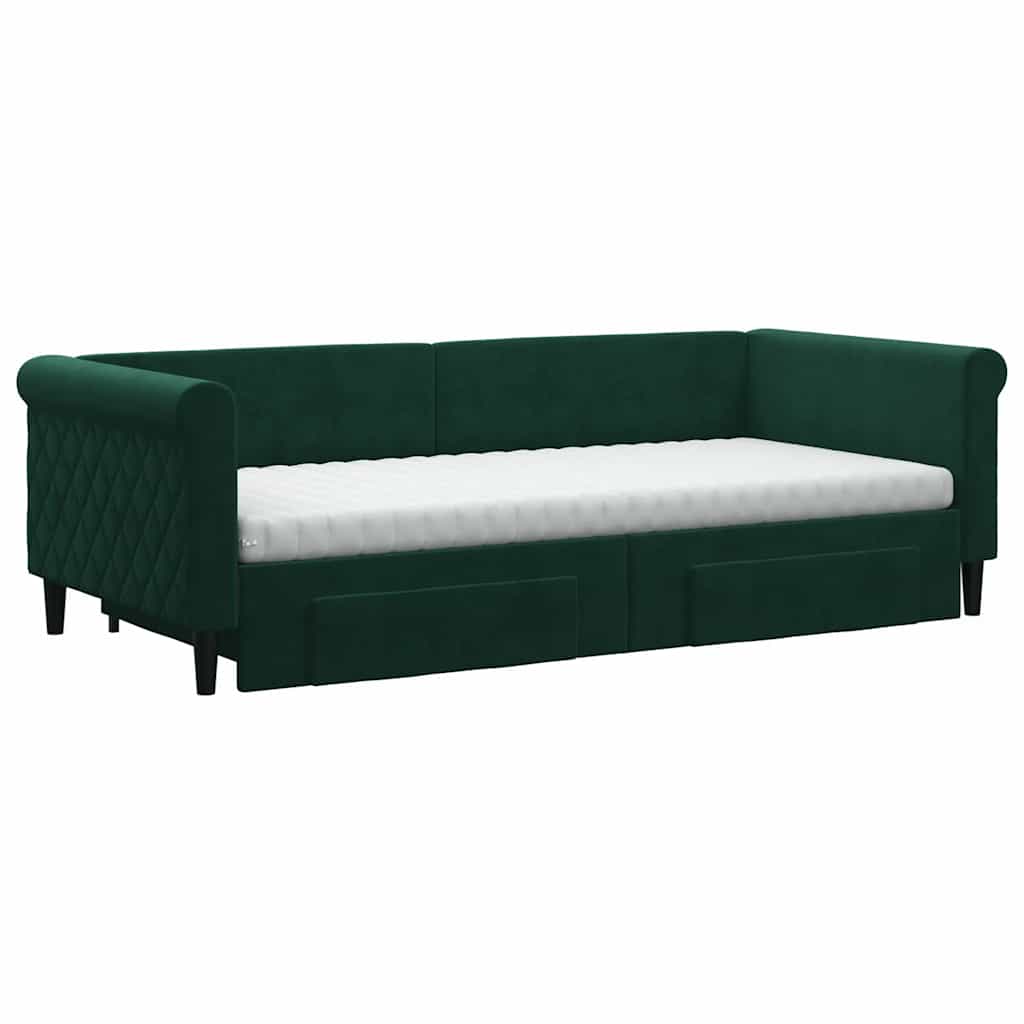 Slaapbank onderschuifbed en lades 90x200 cm fluweel donkergroen