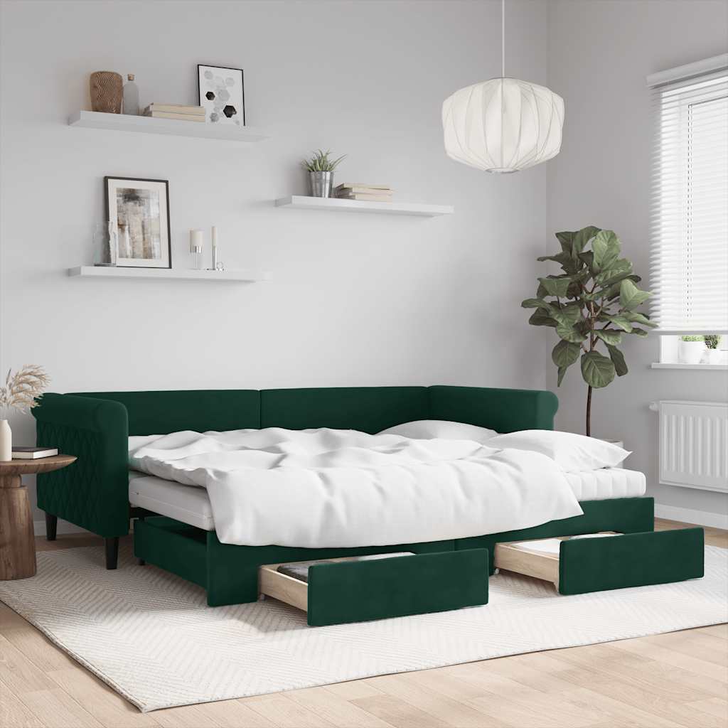 Slaapbank onderschuifbed en lades 90x200 cm fluweel donkergroen