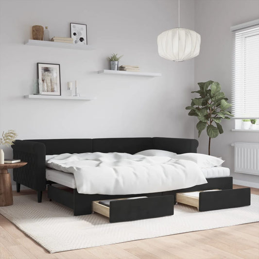 Slaapbank met onderschuifbed en lades 90x200 cm fluweel zwart is nu te koop bij PeponiXL, paradijselijk wonen!