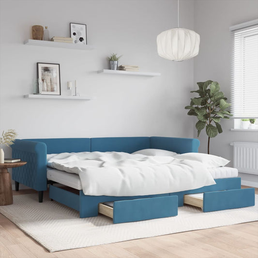 Slaapbank met onderschuifbed en lades 100x200 cm fluweel blauw is nu te koop bij PeponiXL, paradijselijk wonen!
