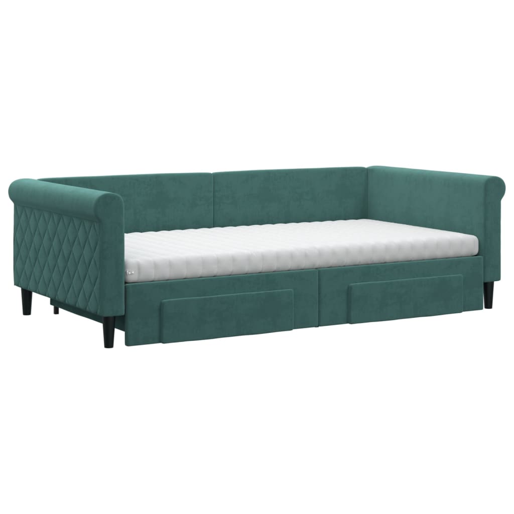 Slaapbank onderschuifbed lades 100x200 cm fluweel donkergroen is nu te koop bij PeponiXL, paradijselijk wonen!
