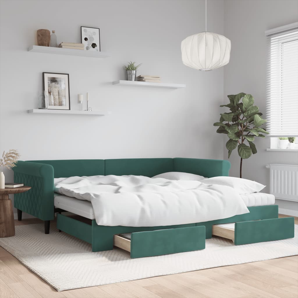 Slaapbank onderschuifbed lades 100x200 cm fluweel donkergroen is nu te koop bij PeponiXL, paradijselijk wonen!